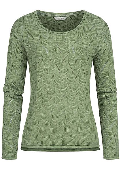 Zabaione Damen Strickpullover mit Lochmuster & Rollkante am Saum grün