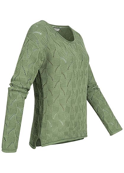 Zabaione Damen Strickpullover mit Lochmuster & Rollkante am Saum grün