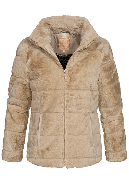 Zabaione Damen kurze Kunstfell Jacke in Querstreifenoptik 2-Pockets hell braun beige