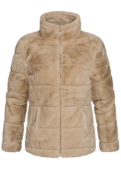 Zabaione Damen kurze Kunstfell Jacke in Querstreifenoptik 2-Pockets hell braun beige