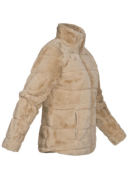 Zabaione Damen kurze Kunstfell Jacke in Querstreifenoptik 2-Pockets hell braun beige