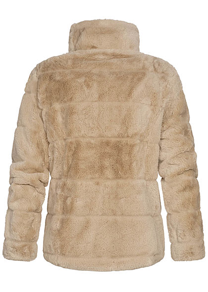 Zabaione Damen kurze Kunstfell Jacke in Querstreifenoptik 2-Pockets hell braun beige