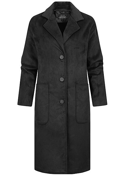 Hailys Damen Kunstwoll Midi Mantel 2 große Taschen Knopfleiste schwarz