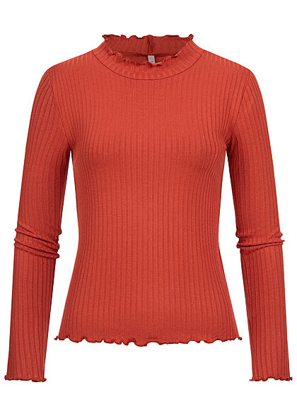 Hailys Damen High-Neck Ribbed Longsleeve mit Frill Details burnt rot