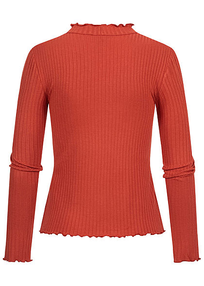 Hailys Damen High-Neck Ribbed Longsleeve mit Frill Details burnt rot