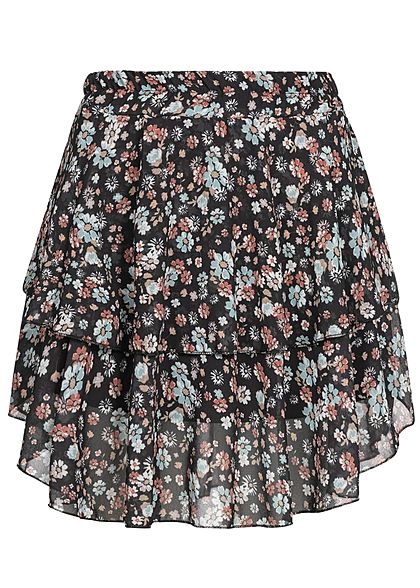 Styleboom Fashion Damen Mini Stufenrock 2-lagig Blumen Muster schwarz