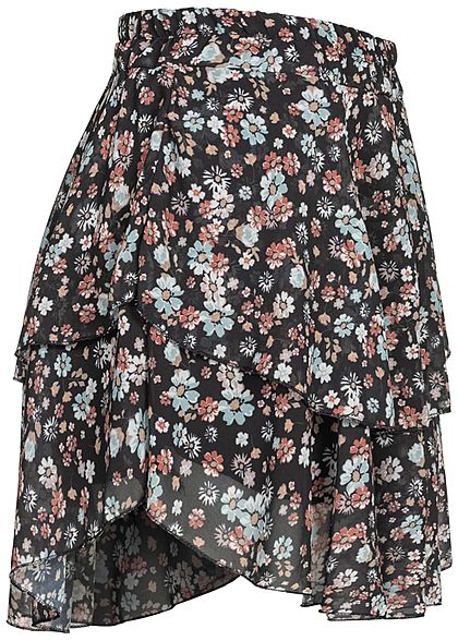 Styleboom Fashion Damen Mini Stufenrock 2-lagig Blumen Muster schwarz