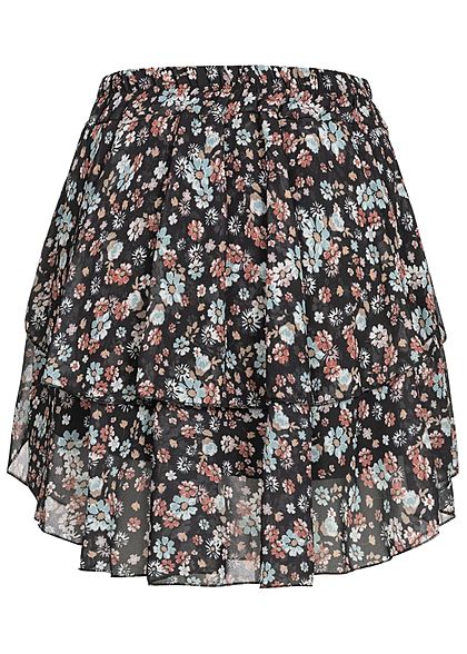Styleboom Fashion Damen Mini Stufenrock 2-lagig Blumen Muster schwarz
