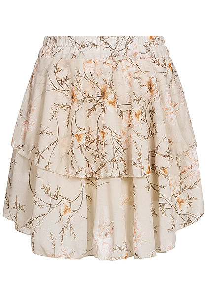 Styleboom Fashion Damen Mini Stufenrock 2-lagig Floraler Print beige