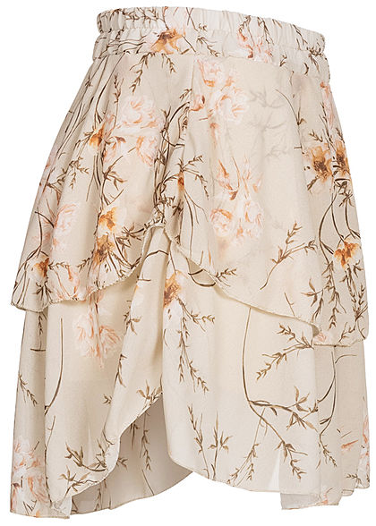 Styleboom Fashion Damen Mini Stufenrock 2-lagig Floraler Print beige