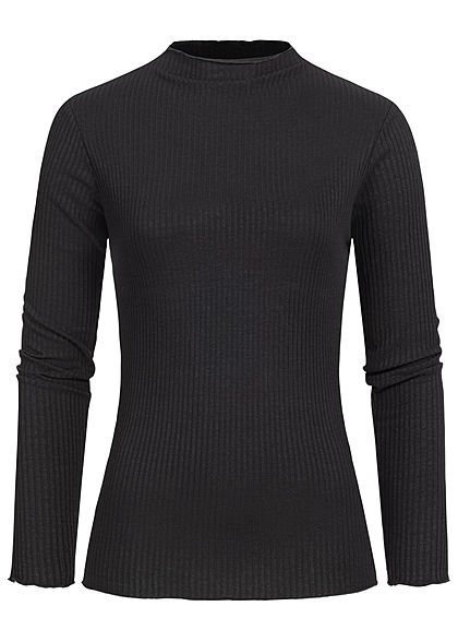 Styleboom Fashion Damen Ribbed Longsleeve Frilldetails schwarz
