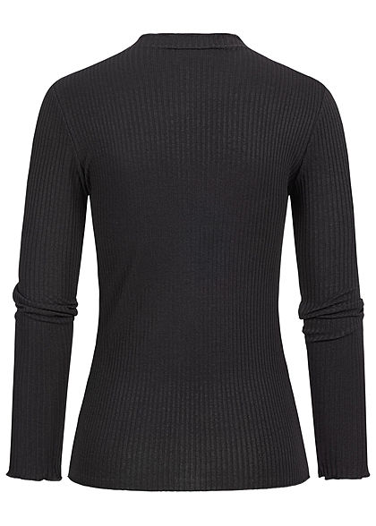 Styleboom Fashion Damen Ribbed Longsleeve Frilldetails schwarz