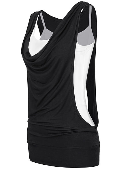 Styleboom Fashion Damen 2in1 Wasserfall Top schwarz weiss