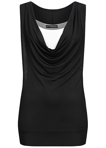 Styleboom Fashion Damen 2in1 Wasserfall Top schwarz weiss