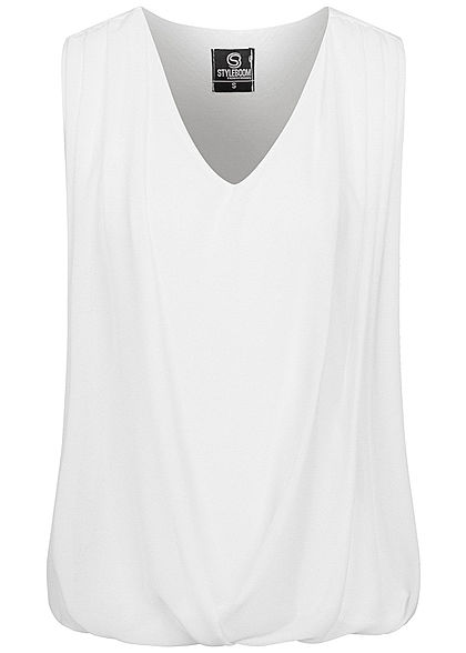 Styleboom Fashion Damen V-Neck Chiffon Top Wasserfall Optik weiss