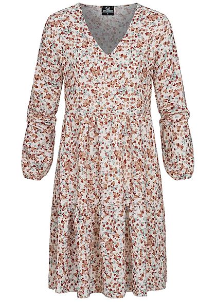 Styleboom Fashion Damen V-Neck Puffer Stufenkleid Blumen Muster weiss beige