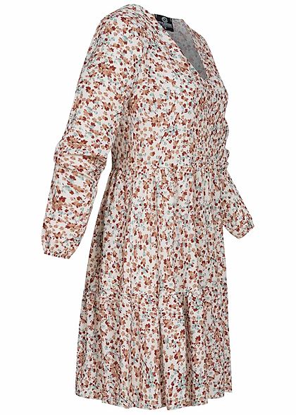 Styleboom Fashion Damen V-Neck Puffer Stufenkleid Blumen Muster weiss beige