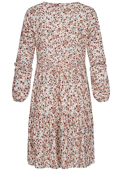 Styleboom Fashion Damen V-Neck Puffer Stufenkleid Blumen Muster weiss beige