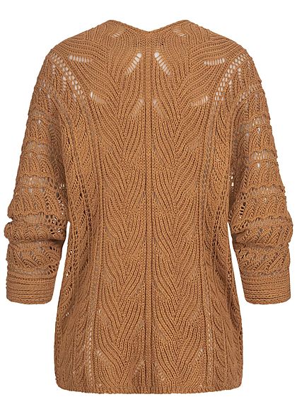 Styleboom Fashion Damen Strickcardigan Lochmuster Rückenausschnitt camel braun
