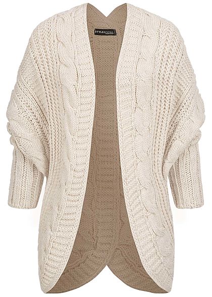 Styleboom Fashion Damen Grobstrick Cardigan Rückenausschnitt beige