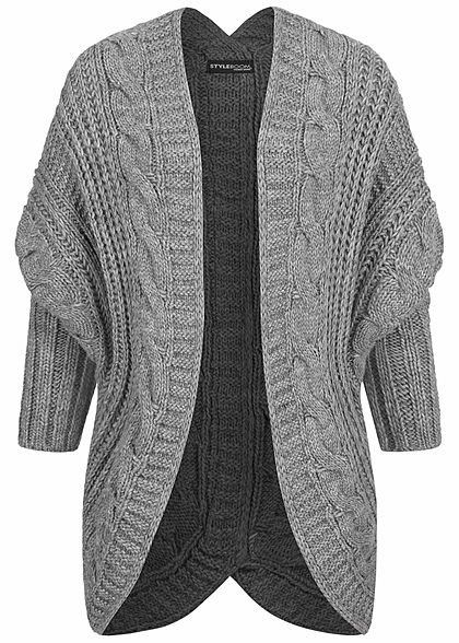 Styleboom Fashion Damen Grobstrick Cardigan Rückenausschnitt dunkel grau