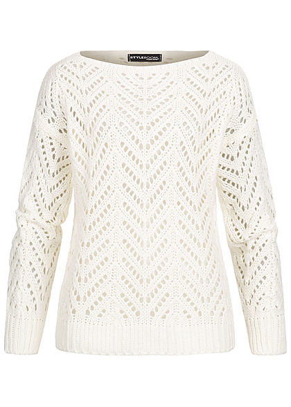 Styleboom Fashion Damen Grobstrickpullover U-Boot Ausschnitt off weiss