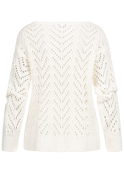 Styleboom Fashion Damen Grobstrickpullover U-Boot Ausschnitt off weiss