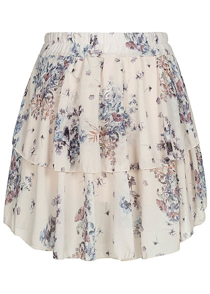 Styleboom Fashion Damen Mini Stufenrock 2-lagig Blumen Muster beige blau