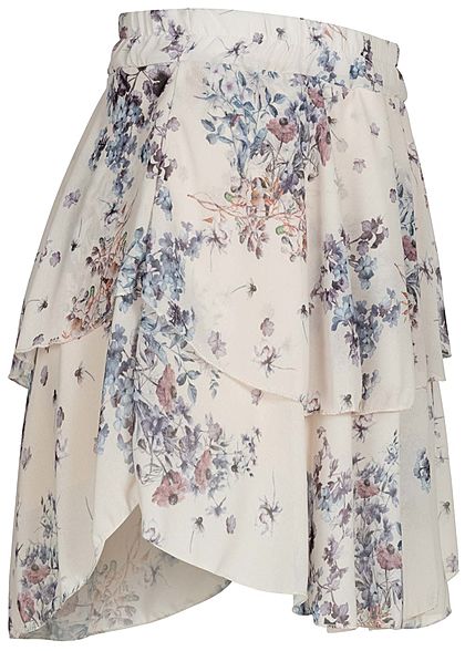 Styleboom Fashion Damen Mini Stufenrock 2-lagig Blumen Muster beige blau