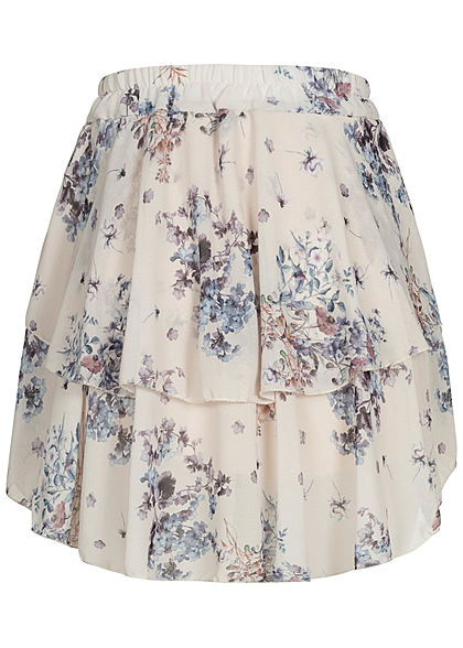 Styleboom Fashion Damen Mini Stufenrock 2-lagig Blumen Muster beige blau