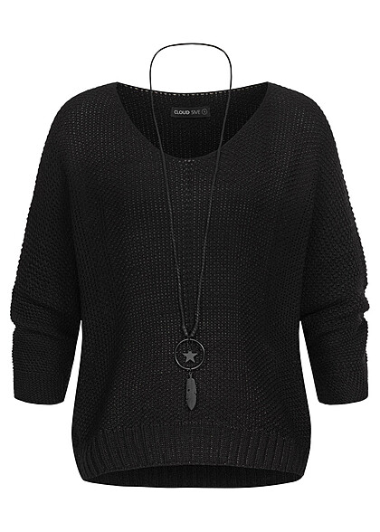 Styleboom Fashion Damen Strickpullover Fledermausärmel inkl. Kette schwarz