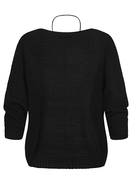 Styleboom Fashion Damen Strickpullover Fledermausärmel inkl. Kette schwarz