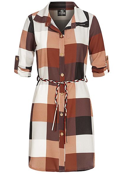Styleboom Fashion Damen Turn-up Hemdblusenkleid inkl. Flechtgürtel beige rot
