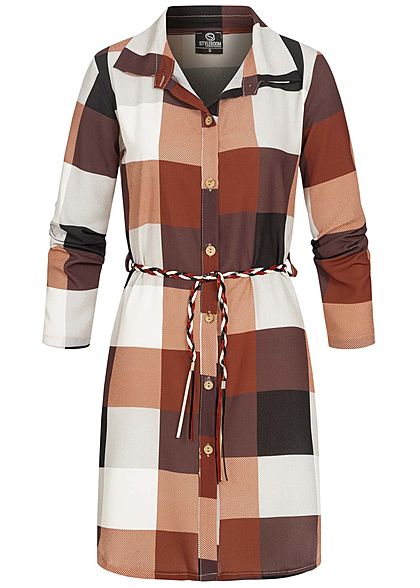 Styleboom Fashion Damen Turn-up Hemdblusenkleid inkl. Flechtgürtel beige rot