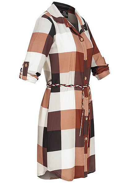 Styleboom Fashion Damen Turn-up Hemdblusenkleid inkl. Flechtgürtel beige rot