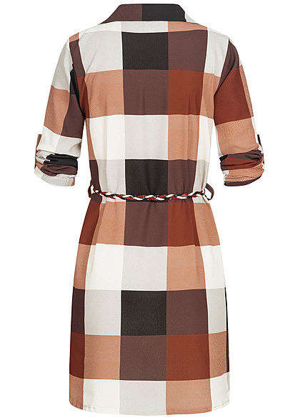 Styleboom Fashion Damen Turn-up Hemdblusenkleid inkl. Flechtgürtel beige rot