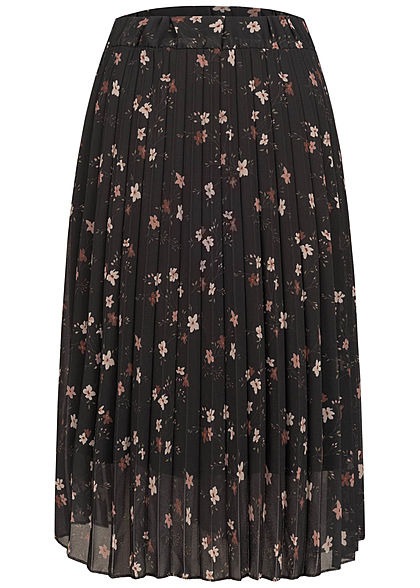Styleboom Fashion Damen Midi Plissee Falten Rock All Over Blumen Print schwarz