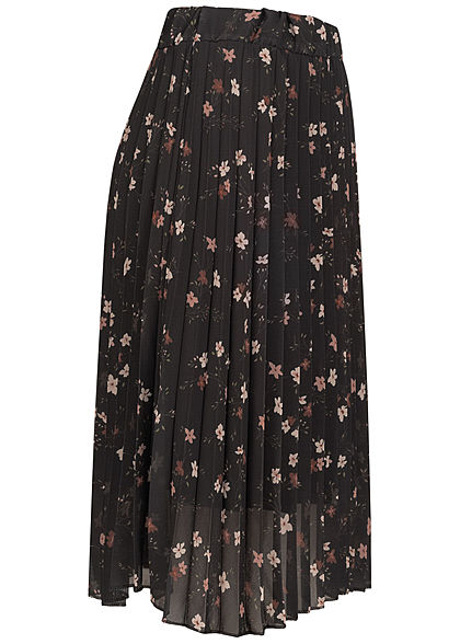 Styleboom Fashion Damen Midi Plissee Falten Rock All Over Blumen Print schwarz