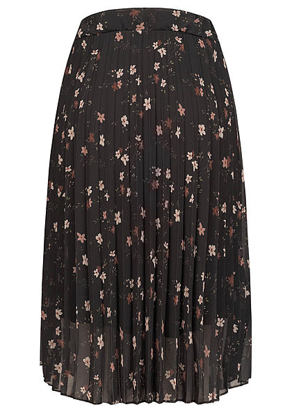 Styleboom Fashion Damen Midi Plissee Falten Rock All Over Blumen Print schwarz