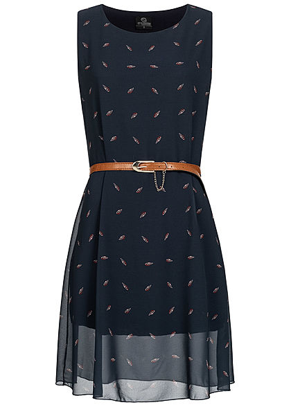 Styleboom Fashion Damen Mini Chiffon Kleid Feder Print inkl. Gürtel 2-lagig navy blau