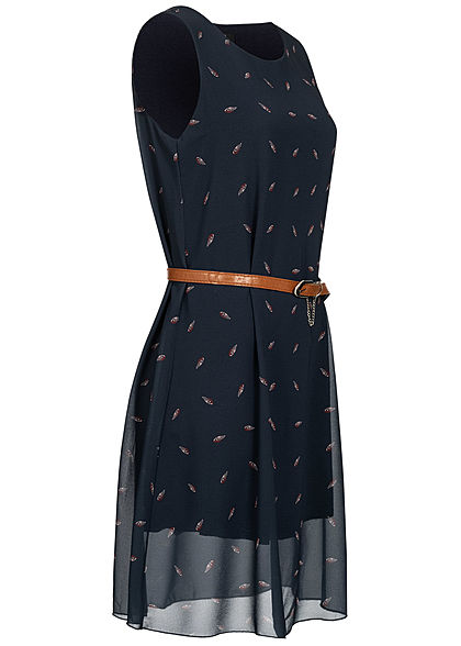 Styleboom Fashion Damen Mini Chiffon Kleid Feder Print inkl. Gürtel 2-lagig navy blau