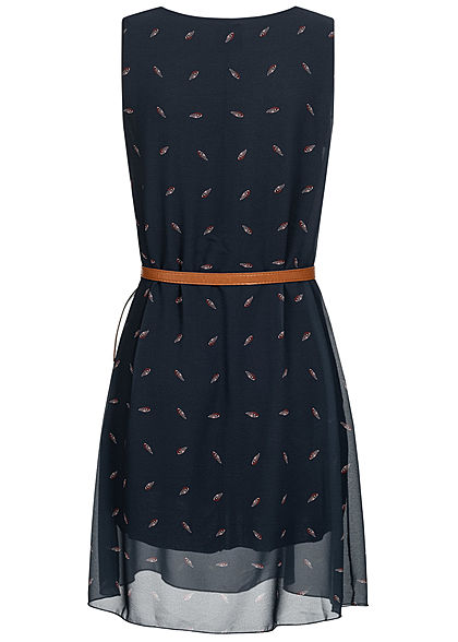 Styleboom Fashion Damen Mini Chiffon Kleid Feder Print inkl. Gürtel 2-lagig navy blau