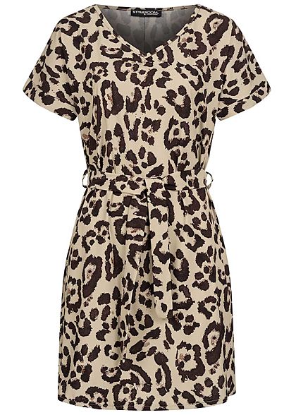 Styleboom Fashion Damen V-Neck T-shirt Kleid inkl. Bindegürtel Leo Print beige