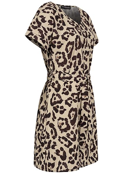 Styleboom Fashion Damen V-Neck T-shirt Kleid inkl. Bindegürtel Leo Print beige