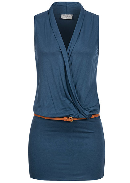 Seventyseven Lifestyle Damen V-Neck Viskose Kleid inkl. Gürtel Wickeloptik navy blau