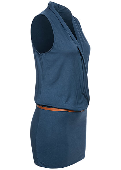Seventyseven Lifestyle Damen V-Neck Viskose Kleid inkl. Gürtel Wickeloptik navy blau