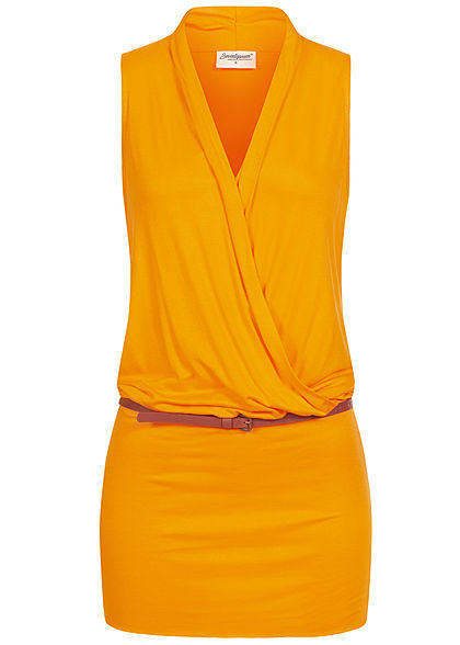 Seventyseven Lifestyle Dames Viscose Jurk met v-hals en ceintuur geel