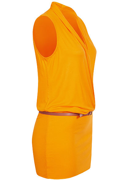 Seventyseven Lifestyle Dames Viscose Jurk met v-hals en ceintuur geel