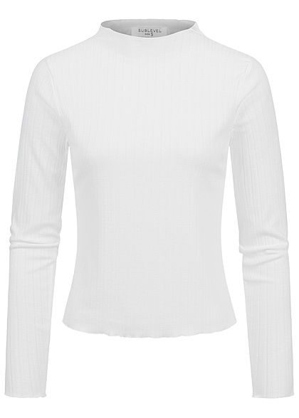 Sublevel Damen Ribbed Frill Longsleeve Pullover High-Neck off weiss