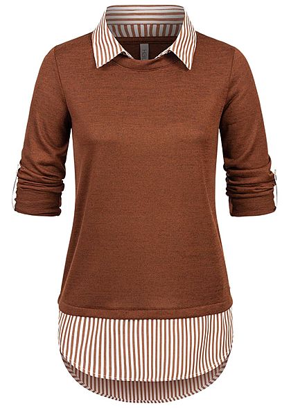 Hailys Damen 2in1 Turn-Up Longsleeve mit Bluseneinsatz toffe dunkel braun melange